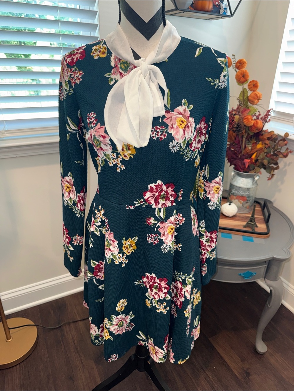 Unique Vintage Smak Parlour Teal Floral Long Sleeve Bow Tie Dress